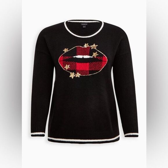 TORRID Sweater Plaid Lips Black Maroon Red Gold Sequins Stars - Picture 2 of 12